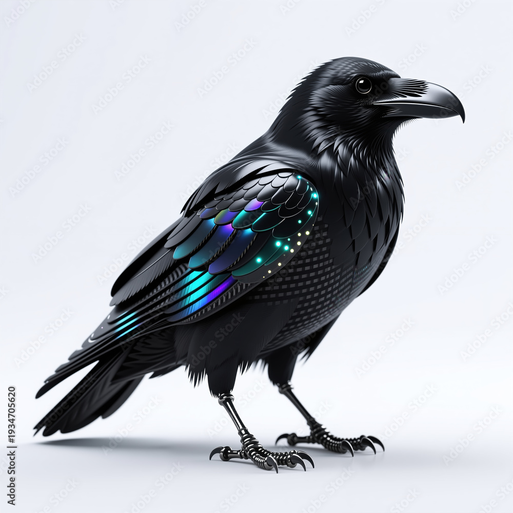 Fototapeta premium Highly detailed digital artwork featuring a bird, crow, or raven, showcasing its iridescent feathers and advanced mechanical legs against white background.