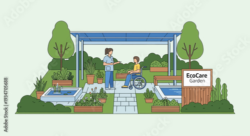 EcoCare Garden Scene Depicting Healthcare Staff Assisting A Person With Disability