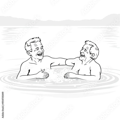 Senior friends doing an outdoor cold plunge together at a lake, wellness trend, vitality, laughter