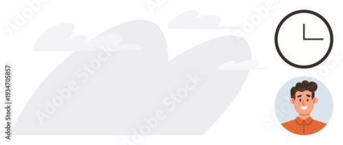 Time management, personal planning, scheduling, productivity tools, efficiency, workplace routines. Smiling man with a clock on a plain background. Time management and personal planning concept