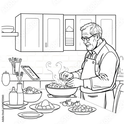 An older man cooking an elaborate meal for his friends from a recipe on his iPad, technology in kitchen
