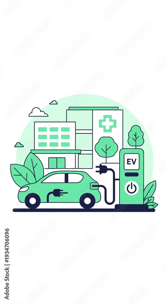 Obraz premium Eco-Friendly Electric Vehicle Charging Station and Urban Green Building Illustration Concept