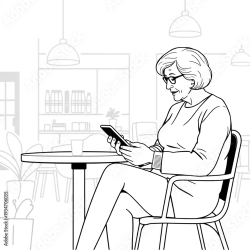 An older woman shopping on her phone while sitting in a modern café, mobile commerce, digital native senior