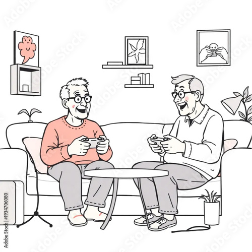 Senior friends playing video games together at home, colorful gaming setup, fun technology use, unexpected