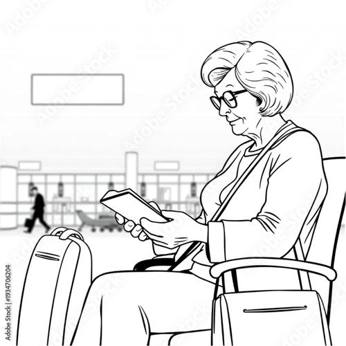 A 70-year-old woman reading on a Kindle at an airport, traveling solo, modern digital reader, active life