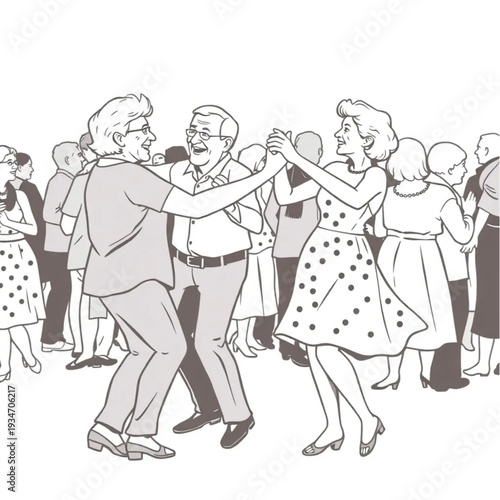 A retired couple dancing salsa at a social dance event, energy, joy, active social aging, vibrant