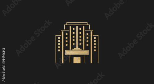 Art deco building illustration on black background for design projects