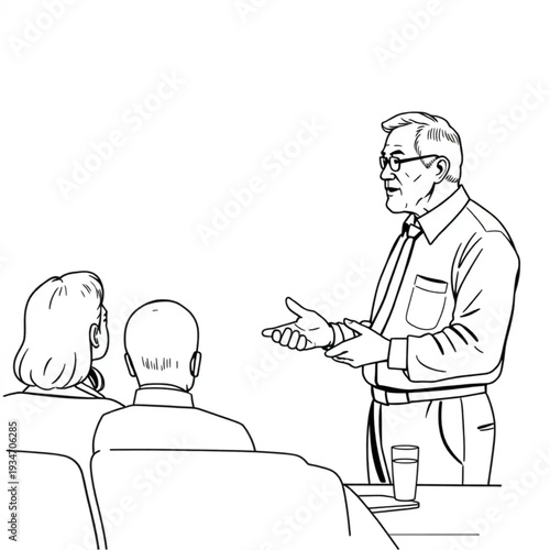 An older man presenting to a corporate meeting, senior expertise valued, mentorship at work, professional