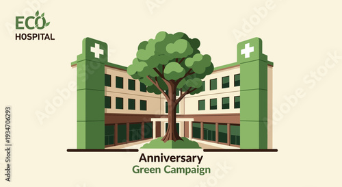 Eco-Friendly Hospital Building with Green Campaign Celebrating Anniversary.