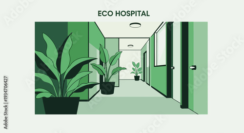 Eco-Friendly Hospital Interior Illustration Showcasing Plants And A Green, Modern Space