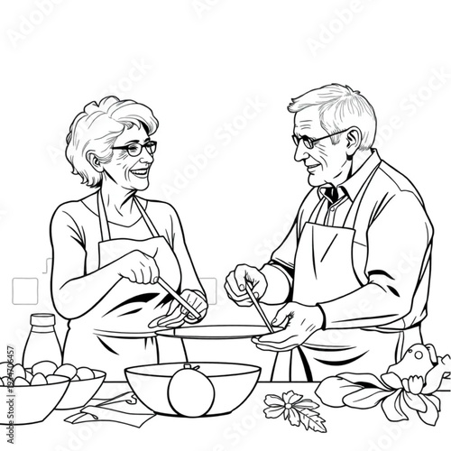 An older couple doing a cooking class together in Tuscany, travel experience, lifelong learning, joy