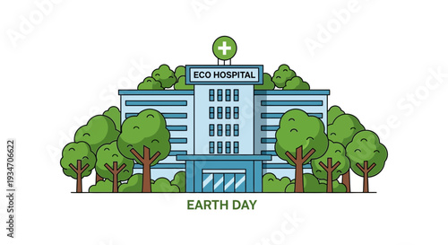 Eco-Friendly Hospital Surrounded By Lush Trees Symbolizing Earth Day Celebration