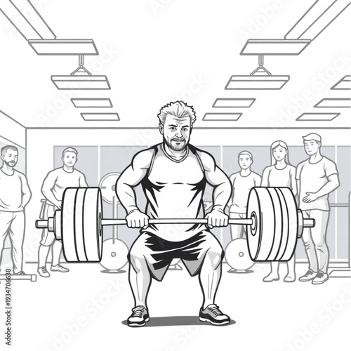 A silver-haired personal trainer demonstrating a deadlift at a gym, clients watching, professional expertise