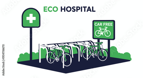 Eco-Friendly Hospital Depicting Cycling And Car-Free Zone For Health And Wellness