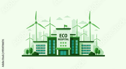 Eco-Friendly Hospital Depicted With Wind Turbines Illustrating Sustainable Practices