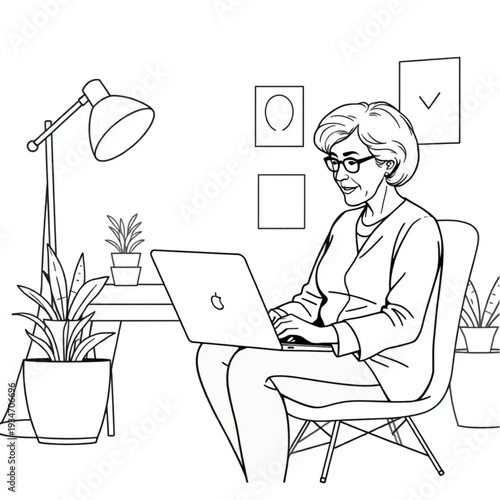 A 65-year-old woman starting her own small business, working at a laptop in her new studio, entrepreneur