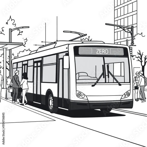 A zero-emissions bus pulling into a stop in a modern city, commuters boarding, normal urban transit