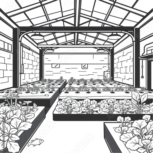 An urban aquaponics farm growing fish and vegetables in a repurposed warehouse, sustainable food tech