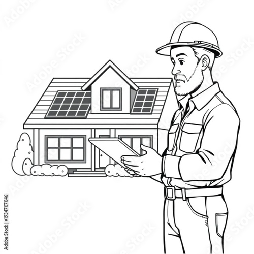 A building contractor explaining solar installation to homeowners on a tablet, home improvement