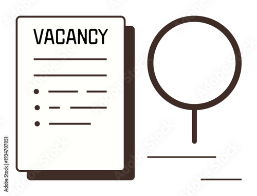 Recruitment, job search, employment, human resources, hiring process, office work. Vacancy document with details and a magnifying glass outline. Recruitment and job search concept