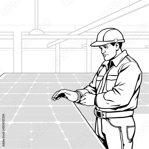 A worker at a solar panel manufacturing plant, clean energy industry jobs, skilled labor