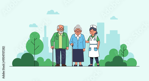 Elderly Care Illustration Depicting Supportive Nurse And Senior Citizens Outdoors