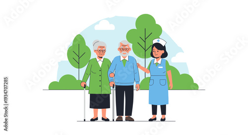 Elderly Care Illustration Depicting Elderly Couple Assisted by Nurse in a Park Setting