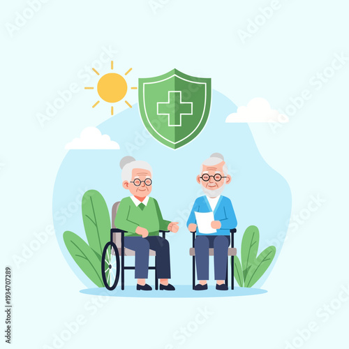 Elderly Care Illustration Depicting Health Insurance And Wellbeing For Seniors In A Sunny Setting