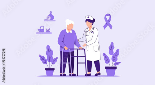 Elderly Care Illustration Featuring Nurse Assisting Patient With Walker and Purple Theme