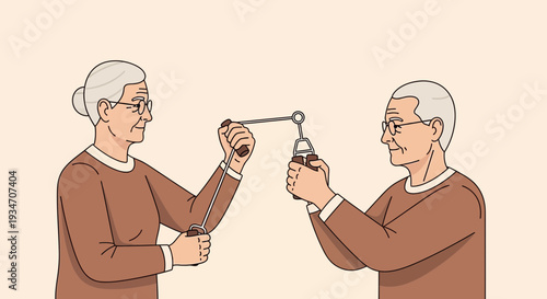 Elderly Couple Exercise Together, Maintaining Health And Strength With Training Equipment