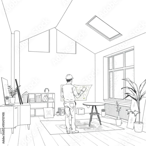 An architect reviewing passive house building plans with natural light flooding the studio, green design