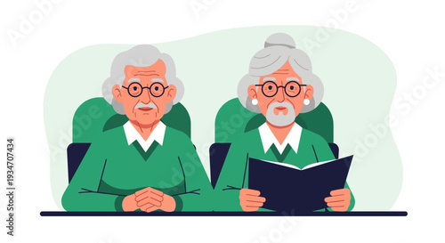 Elderly Couple Reading Together Depicted in Bright Vector Illustration Style
