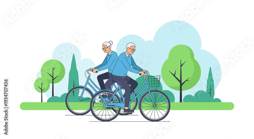 Elderly Couple Joyfully Cycling Together in Park, Enjoying Leisurely Outdoor Activity