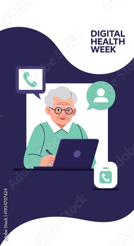 Elderly Individual Using Laptop for Digital Health Week Communications and Telemedicine