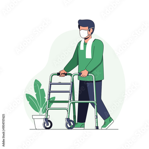 Elderly Individual Using Walker and Mask in Modern Illustration with Green and White Aesthetic