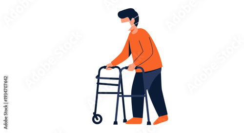 Elderly Person Navigating Mobility Challenges Using a Walker While Wearing a Mask