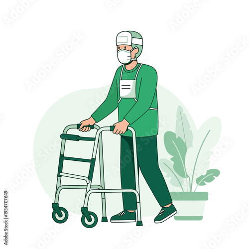 Elderly Individual Utilizing a Walker with Safety Mask, Depicting Health and Mobility