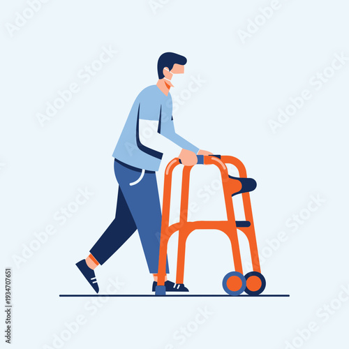 Elderly Person Navigating Mobility Challenges Using a Walker While Wearing a Masked Face