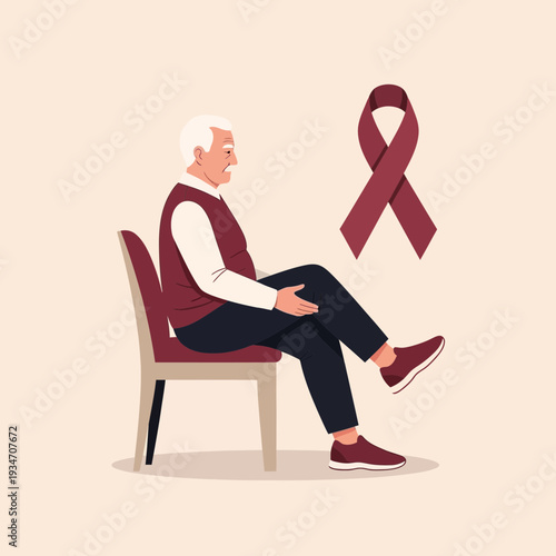 Elderly Person Seated Near Ribbon Depicting Awareness, Illustrating Medical Support And Hope