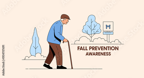 Elderly Person Walks With Cane Illustrating Fall Prevention Awareness In An Outdoor Scene