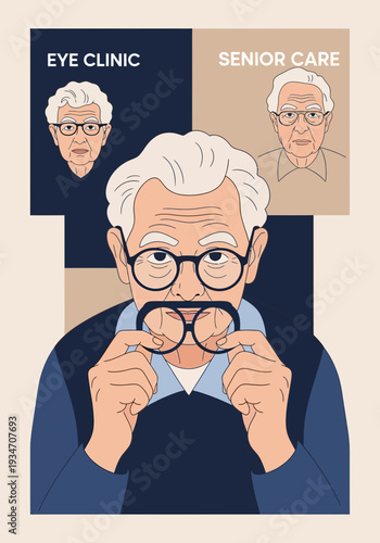 Elderly Man Assessing Eyewear, Illustrating Eye Clinic and Senior Care Concepts Clearly