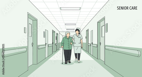 Elderly Woman Receives Assistance in Hospital Corridor Depicting Senior Healthcare