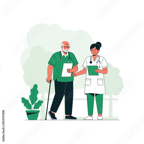 Elderly Man Receiving Assistance From a Nurse in a Relaxed Outdoor Setting of Care