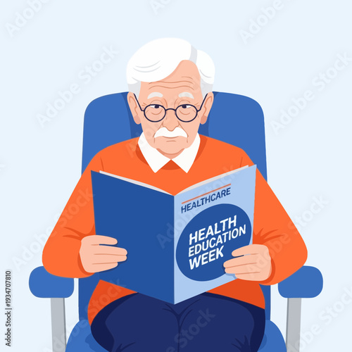 Elderly Man Reading About Health Education Week, Promoting Well-being And Healthcare Information