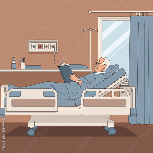 Elderly Man Reading a Book Comfortably in a Hospital Bed: Peaceful Moments and Solitude