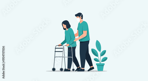 Elderly Woman Walks Assisted by Caregiver with Walker And Protective Mask