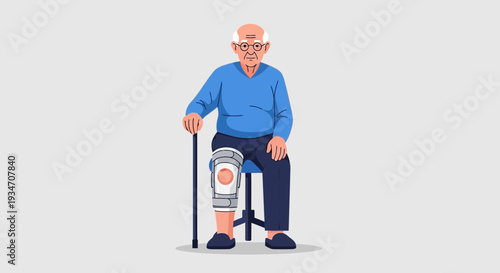 Elderly Man Suffering From Knee Pain with Brace and Support, Sitting on a Chair