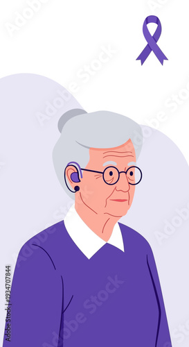 Elderly Woman With Hearing Aid Symbolizing Awareness, Digital Illustration, Purple Theme