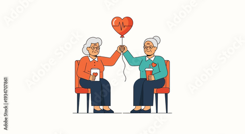Elderly Women Enjoying Each Others Company and Bonding Under a Heart Balloon