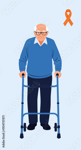 Elderly Man Using Walker With Alzheimer's Awareness Ribbon Depicting Aged Care and Support